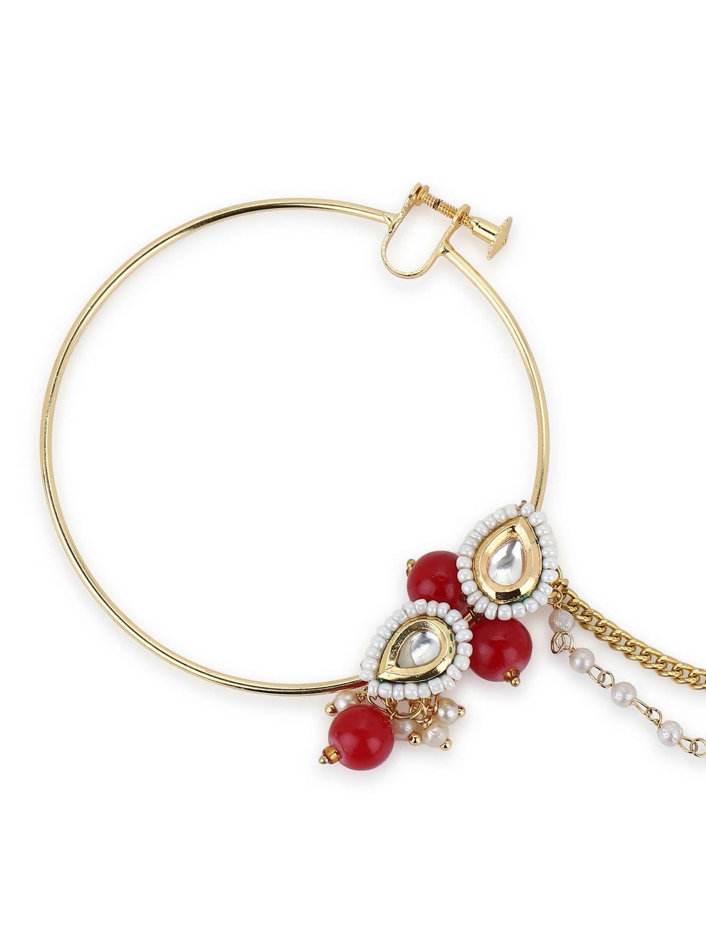 Gold-Pleated Red White Kundan Studded Beaded Nosepin - Ruby Raang
