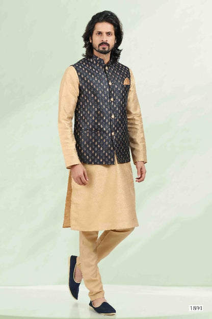 Raivat Ethnic Jacquard Banarasi Silk Woven Work 3 Pics Jacket Set In Blue Colour