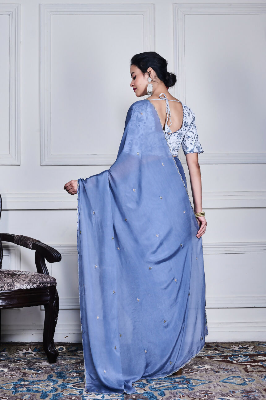Morchari Grey Chiffon Hand Embroidery Saree And Stitched Blouse