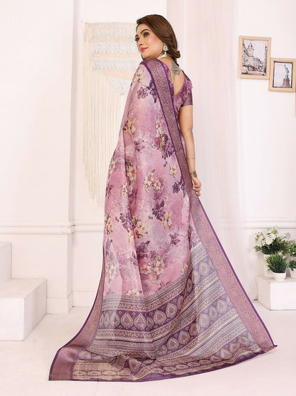 Joban Fashion Purple Floral Print pattern Banarasi Silk Sarees