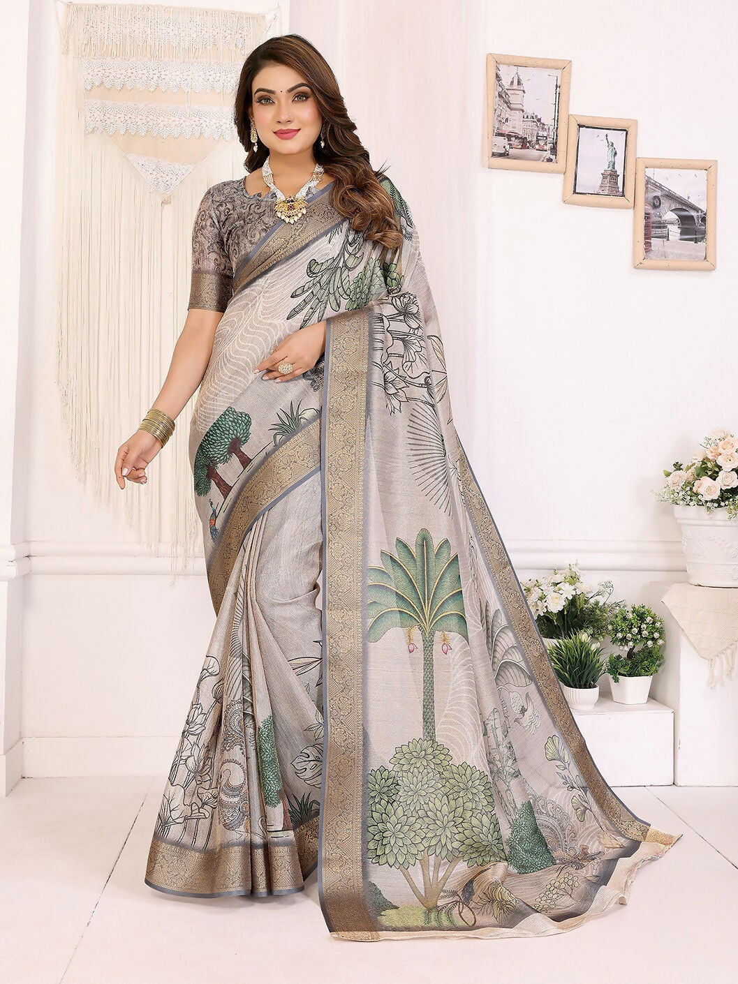 Joban Fashion Mutlicolor Art Print pattern Banarasi Silk Sarees