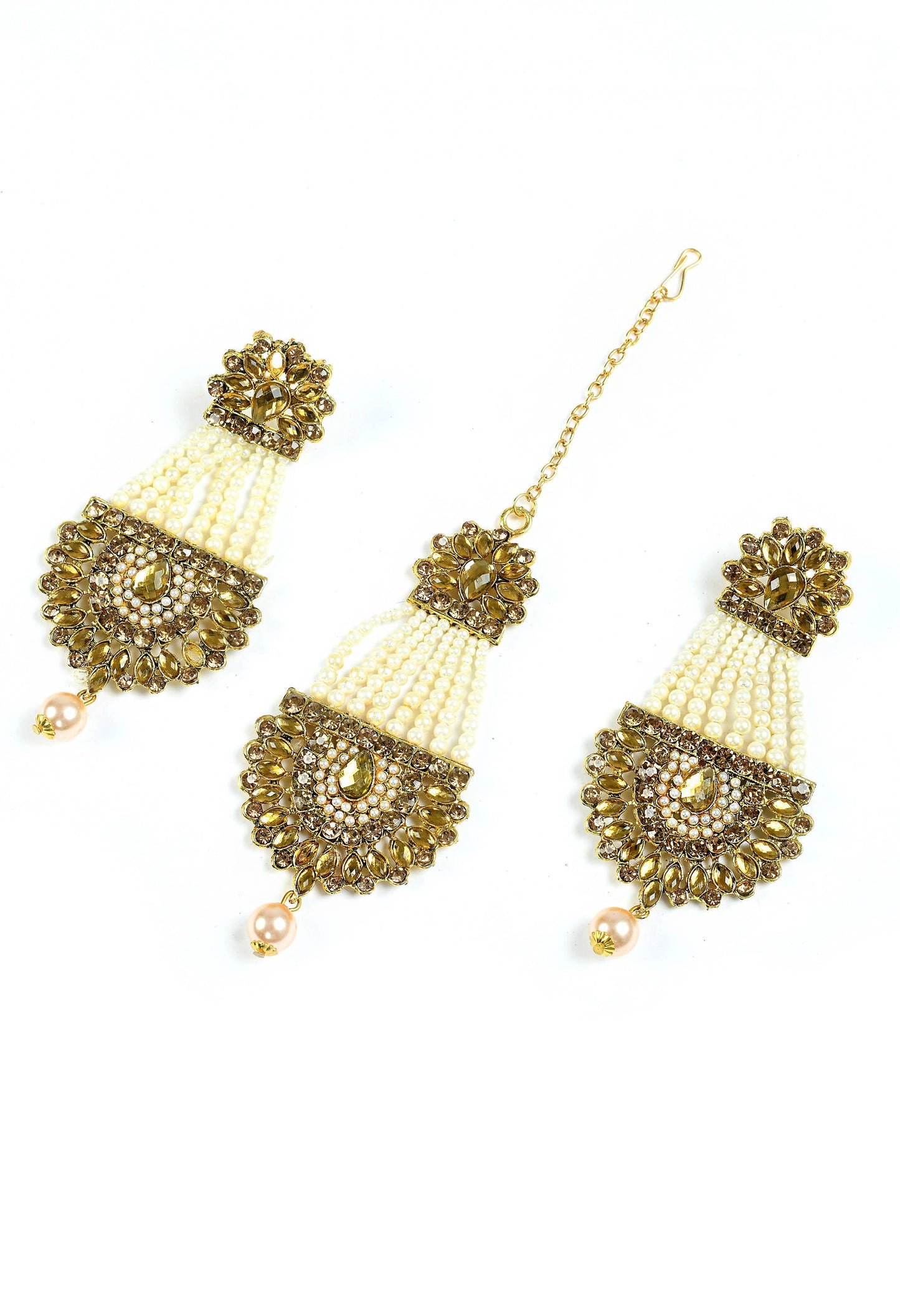 Mominos Fashion Johar Kamal Golden Kundan & Pearls Earrings With Tikka