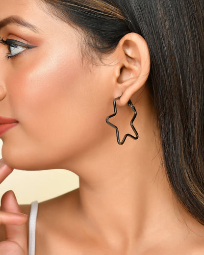 VOJ Women Rhodium Tonned Star Shape Stainless Steel Hoop Earrings