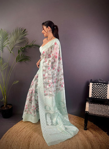 Elora Sky Blue Silk Floral Motifs Coppery Tone Contrast Floral Border Banarasi Saree