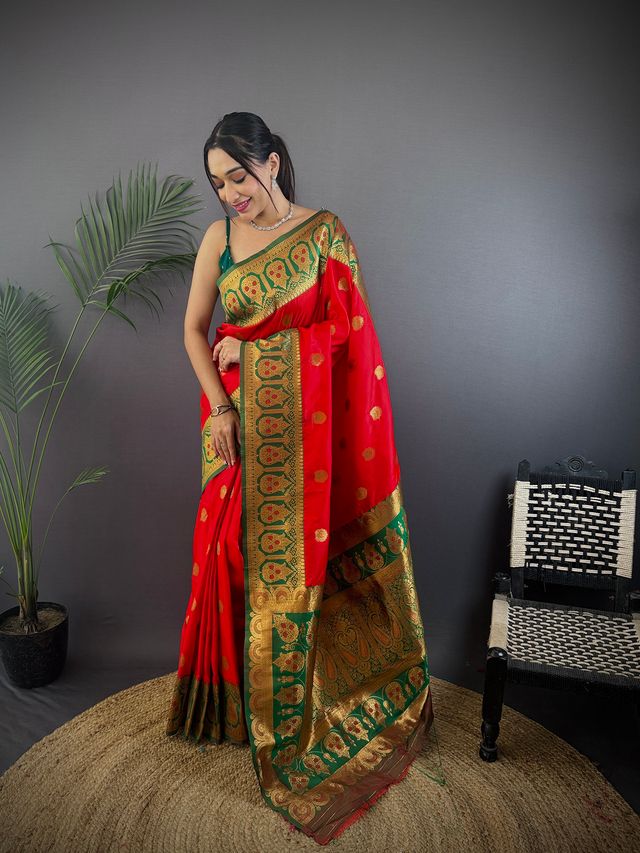 Elora Red Soft Silk Butti Zari Weaving Constrast Pallu Banarasi Saree