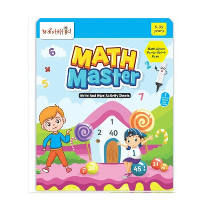 Braintastic Educational Game: Math Master (6-99 Years) Write & Wipe Reusable Activity Sheets with Free Puzzle for Kids