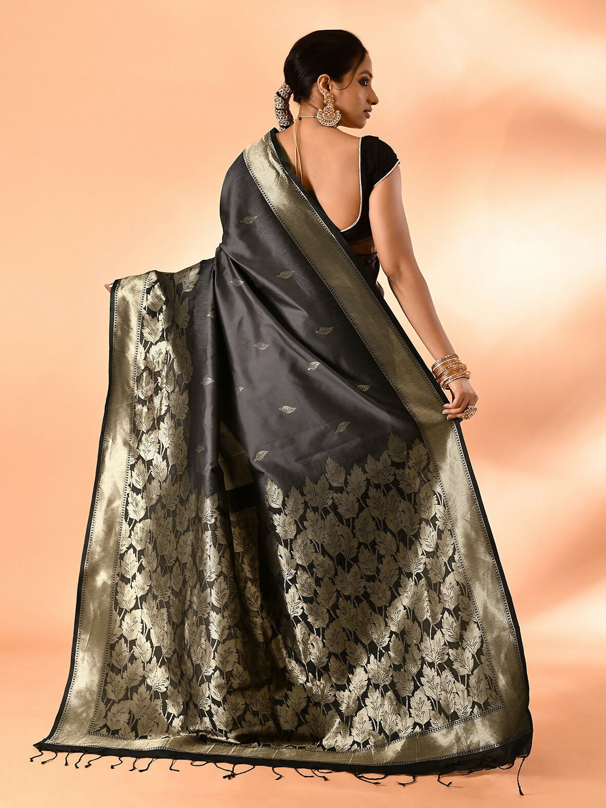 Joban Fashion Grey & Black Plain With Weaving Border Banarasi Silk Sarees