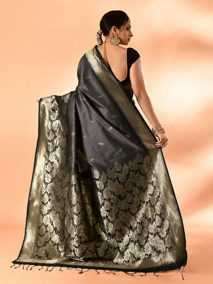 Joban Fashion Grey & Black Plain With Weaving Border Banarasi Silk Sarees