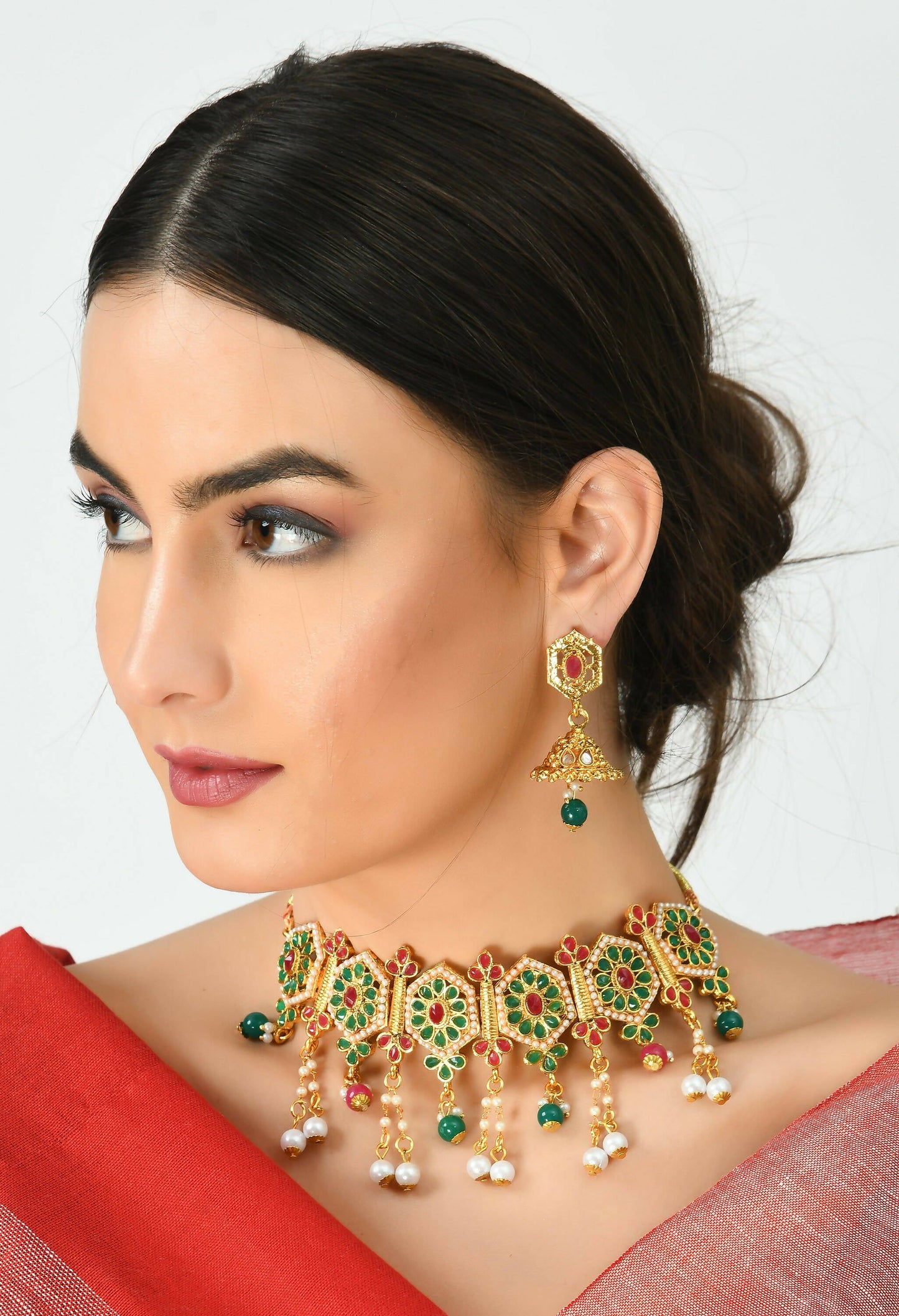 Mominos Fashion Johar Kamal Women Gold-Polished Brass Finish Meena & Pearls Work Choker