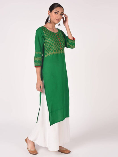Cheera Hand Block Print Bottle Green & White Straight Kurta With Palazzo (MAAI-093K)