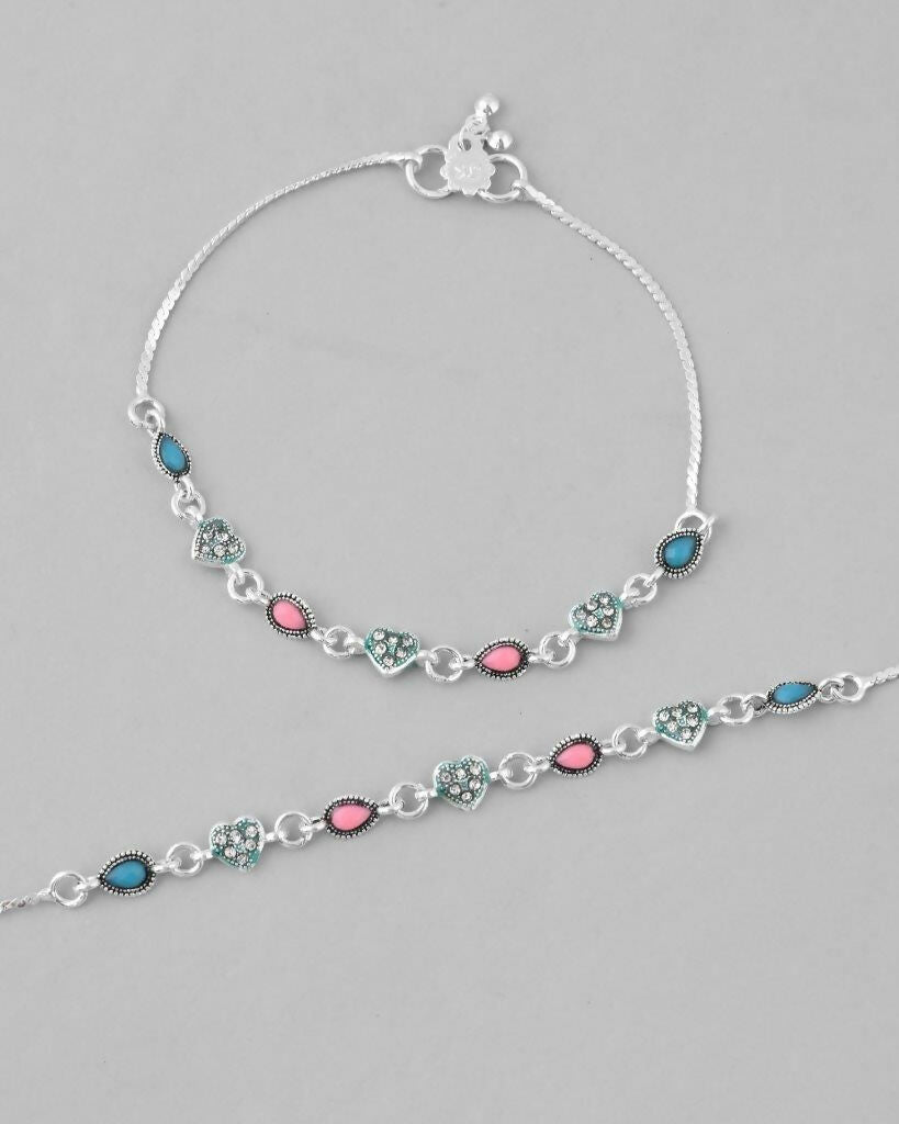 VOJ Set of 2 Silver Plated Heart Shaped Meenakari Anklet
