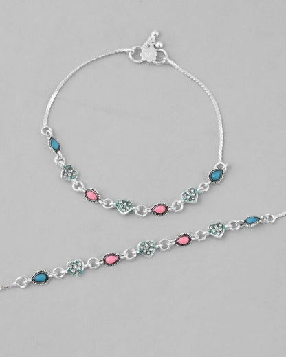 VOJ Set of 2 Silver Plated Heart Shaped Meenakari Anklet