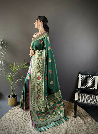 Joban Fashion Green Elephant & Floral Motifs Soft Lichi Silk Banarasi Saree