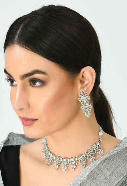 Mominos Fashion Johar Kamal Silver-Plated American Diamond Pista Green Choker Set
