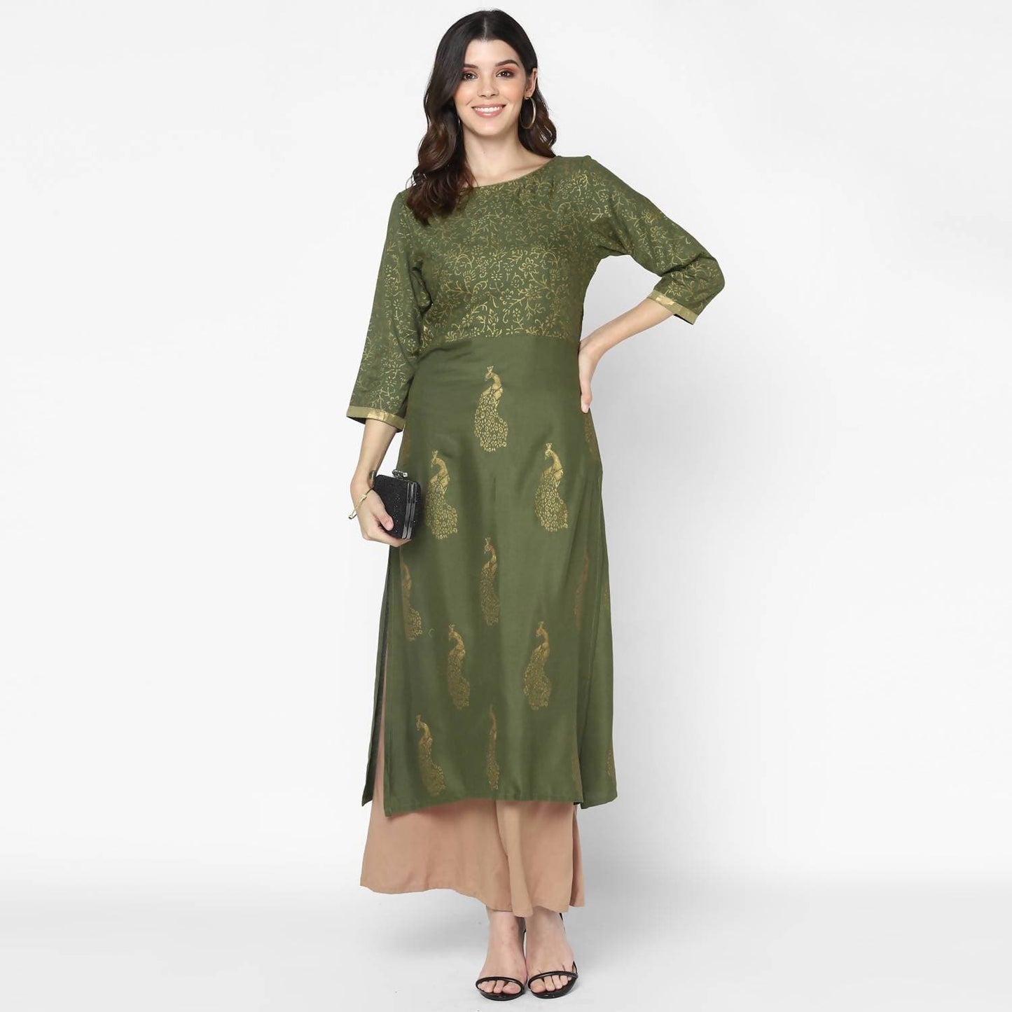 Cheera Hand Block Print Olive Green Straight Kurta (MAAI-057K)