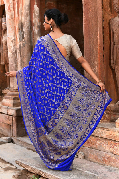 Joban Fashion Violet Crepe Chiffon Pure Handloom Banarasi Silk Saree
