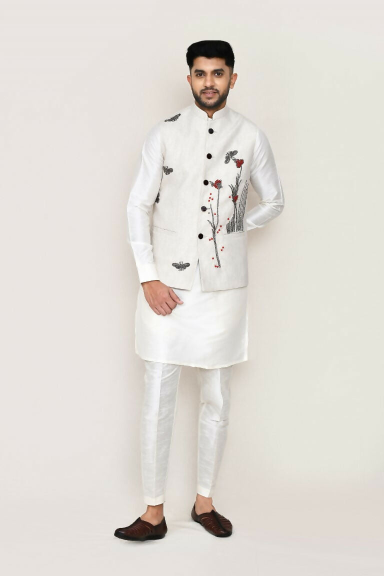 Joban Fashion White Colored Art Silk Fabric Kurta, Jacket With Straight Fit Pant