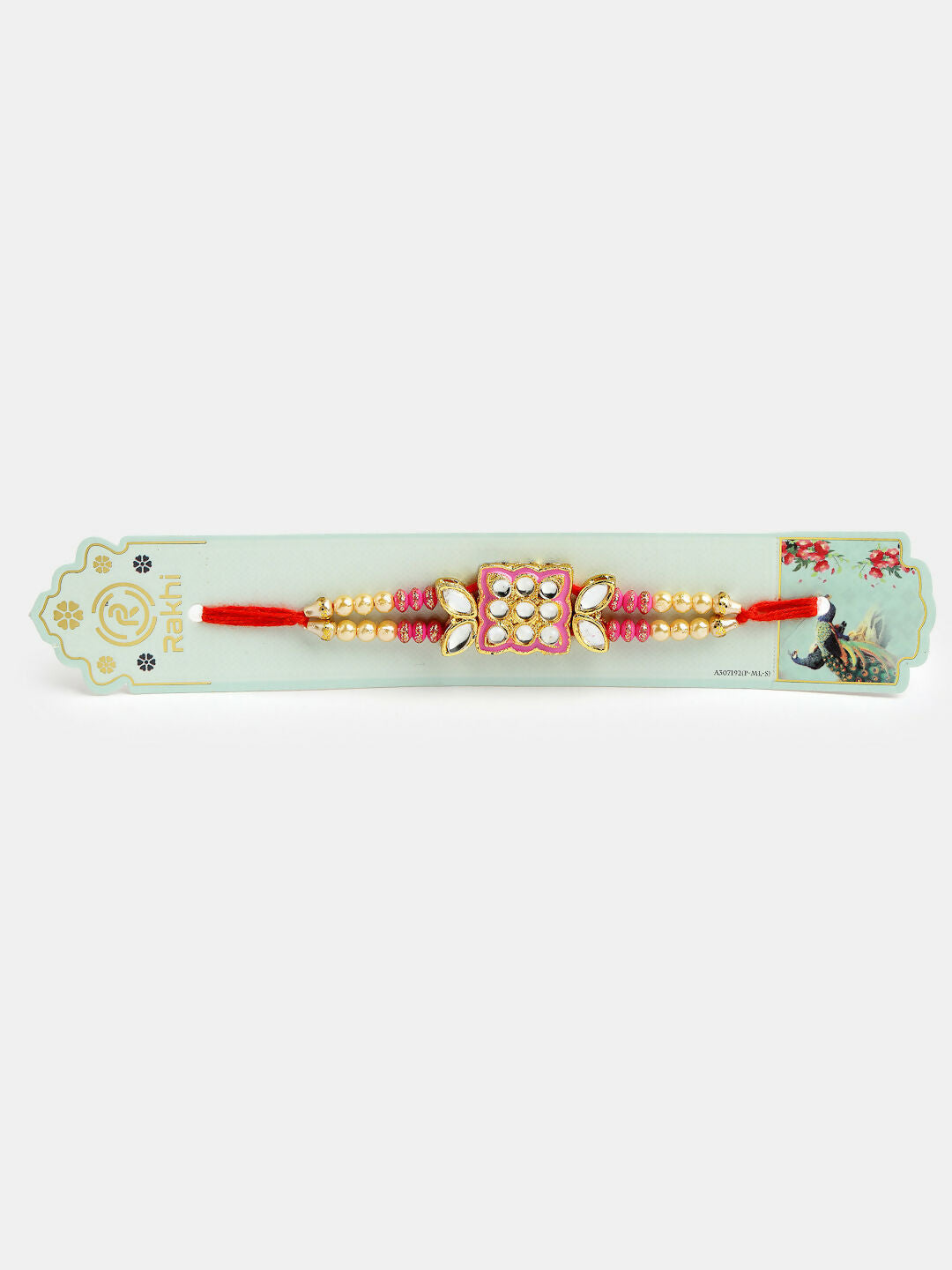 NVR Men Pink & Gold-Toned Kundan-Studded Rakhi With Roli Chawal