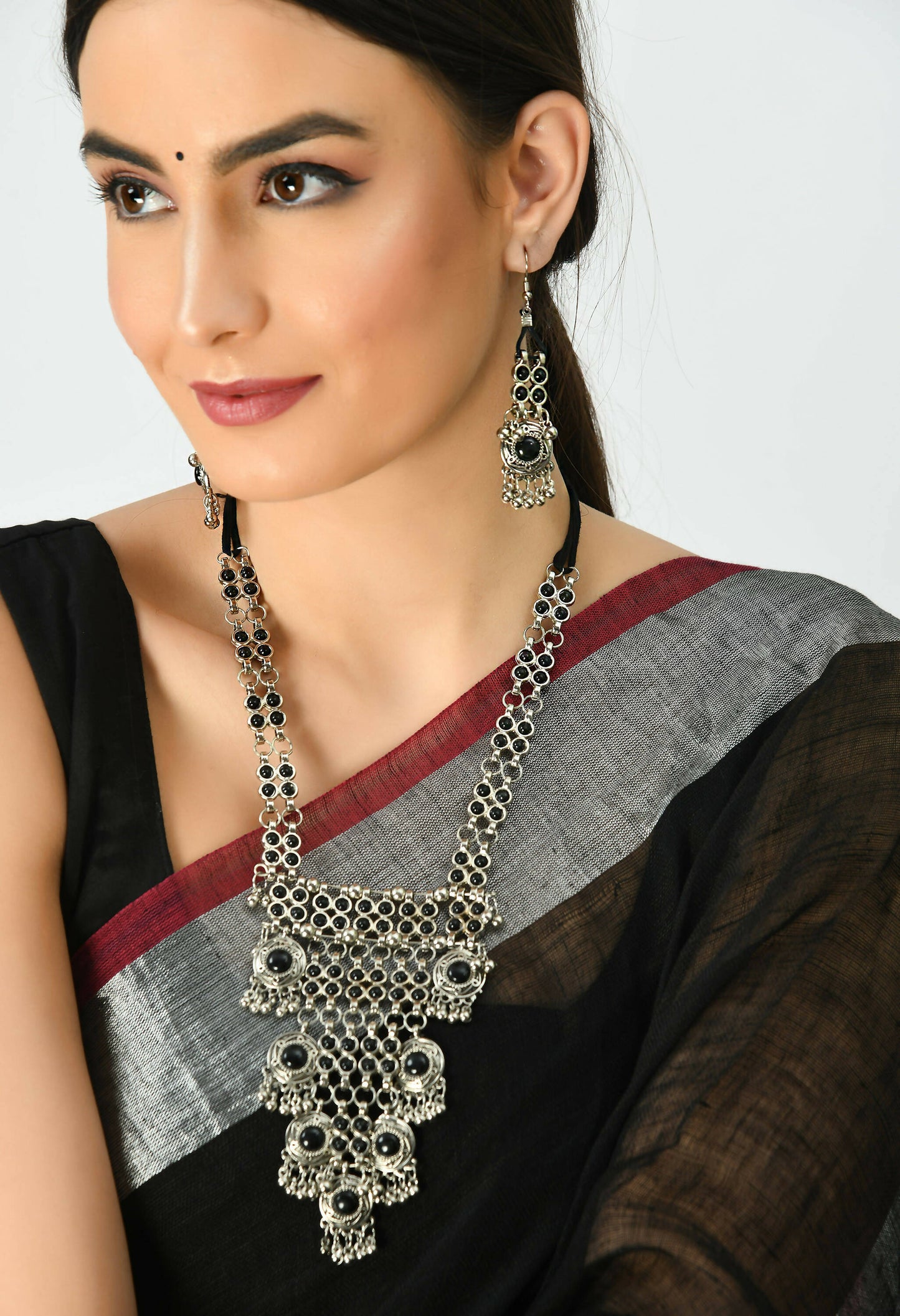 Mominos Fashion Johar Kamal Oxidised Silver-Plated Brass Finish Black Kundan Afghani Long Necklace For Women