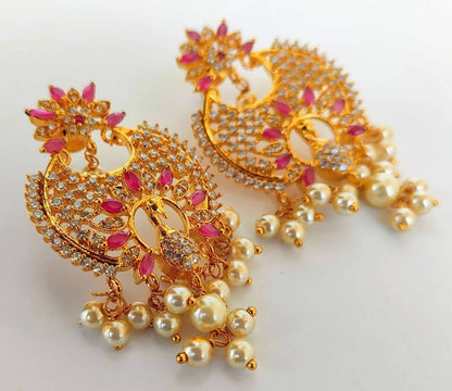 AD Ruby Designer Hanging Pearls Earrings