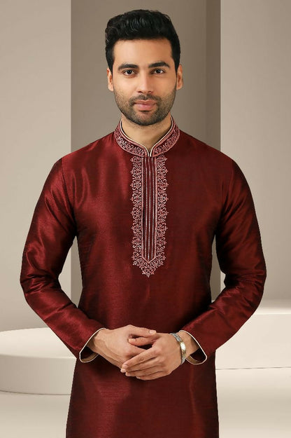Raivat Ethnic Banarasi Art Silk Thread Work Kurta Pajama In Maroon Colour