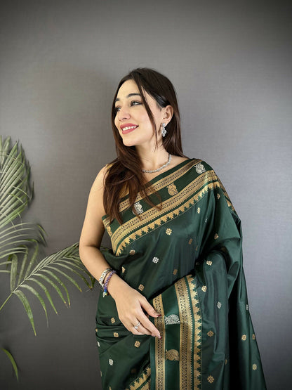 Joban Fashion Dark Green Banarasi Soft Silk Woven Saree