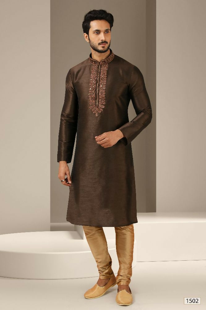 Raivat Ethnic Banarasi Art Silk Mirror Work Kurta Pajama In Brown Colour