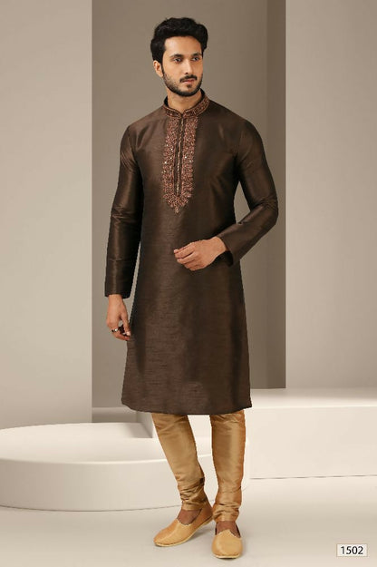 Raivat Ethnic Banarasi Art Silk Mirror Work Kurta Pajama In Brown Colour