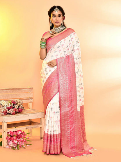 Joban Fashion White & Rani Pink Plain With Weaving Border Banarasi Silk Sarees