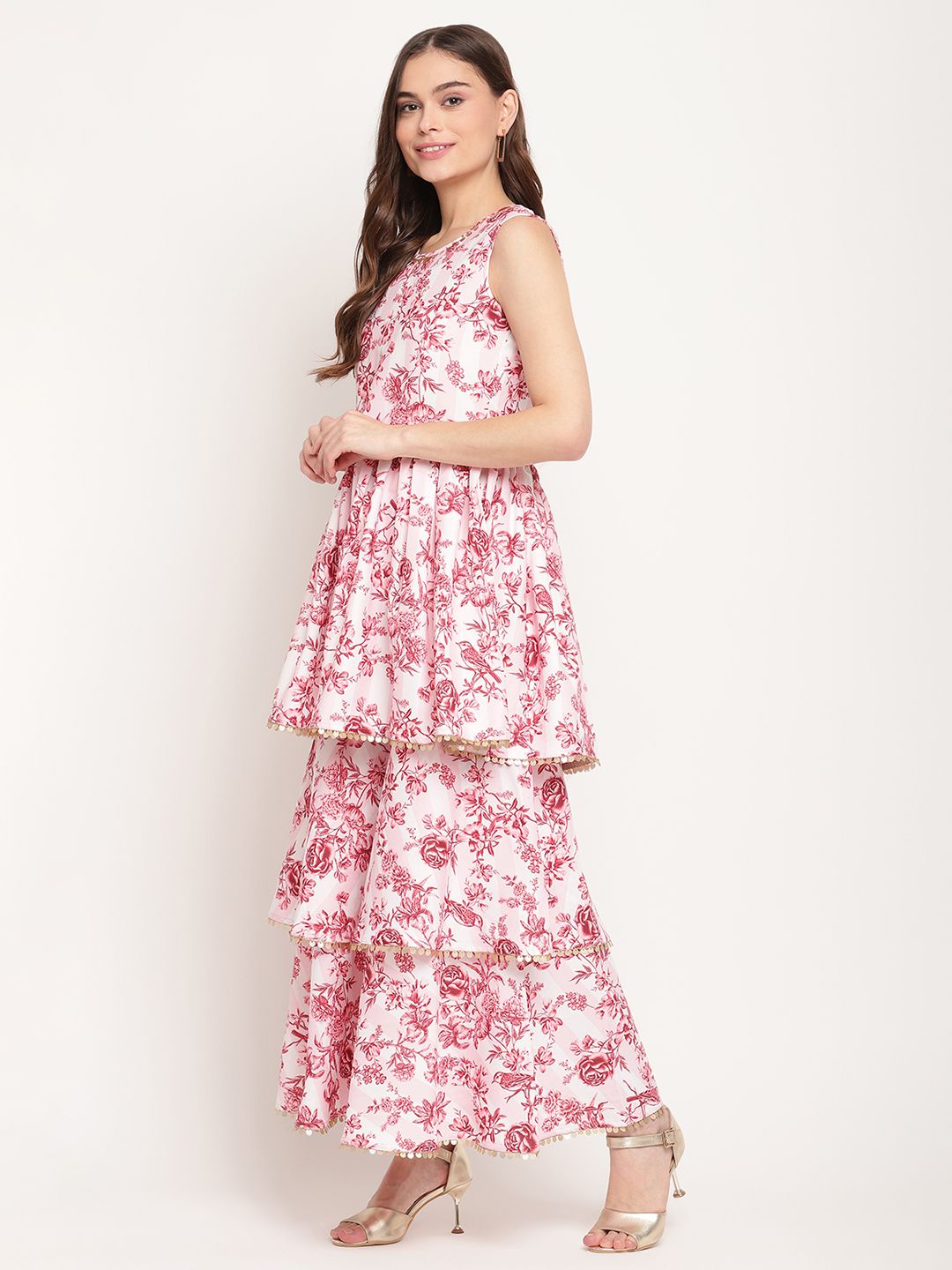 Ahalyaa Women's Pink Rayon Digital Floral Print Kurta Sharara Set with Dupatta