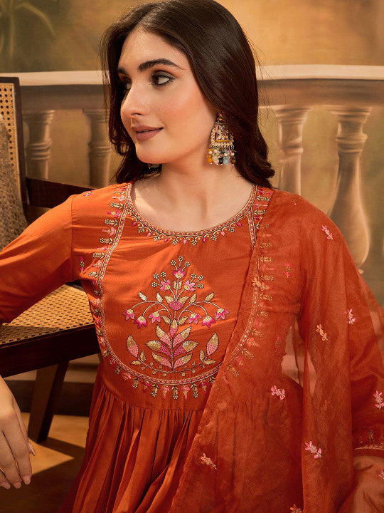 Sangria Floral Yoke Design V-Neck Sequinned Chinon A-Line Kurta With Trousers & Dupatta