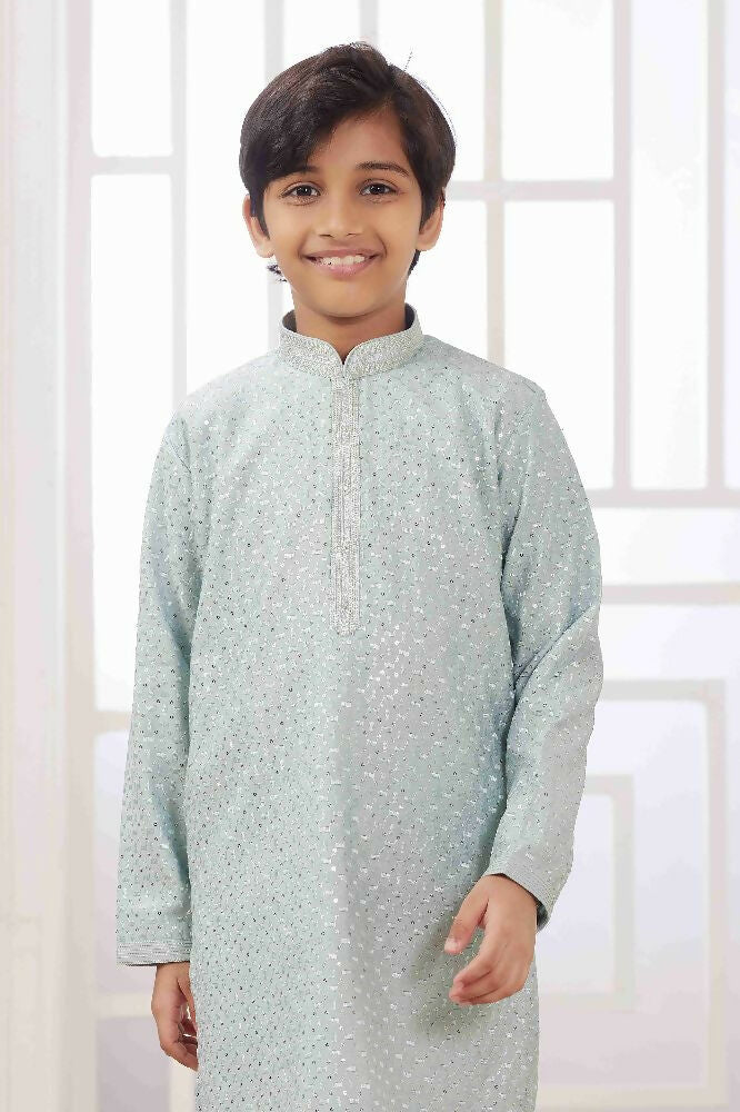 Raivat Ethnic Art Silk Embroidery Work Kids Kurta Pajama In Mint Green Colour