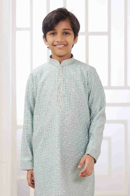 Raivat Ethnic Art Silk Embroidery Work Kids Kurta Pajama In Mint Green Colour