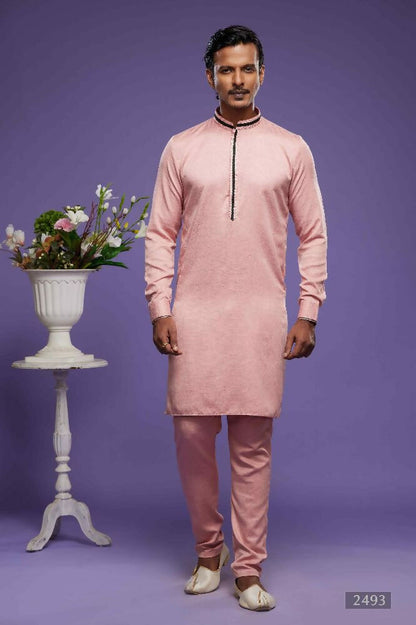 Raivat Ethnic Art Banarasi Silk Thread Work Kurta Pajama In Rust Pink Colour
