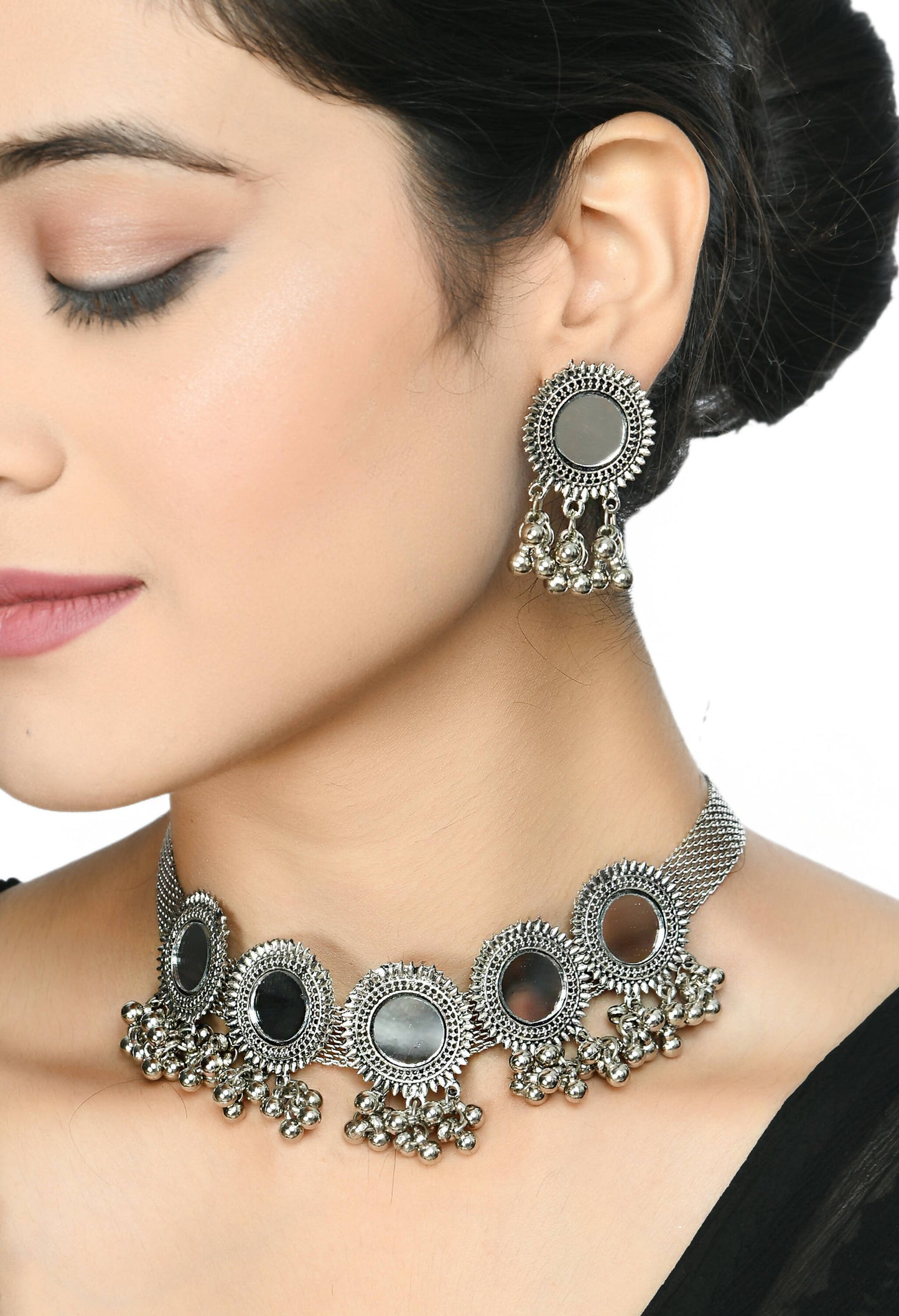 Mominos Fashion Johar Kamal Silver-Plated Brass Finish Mirror Work Women Choker