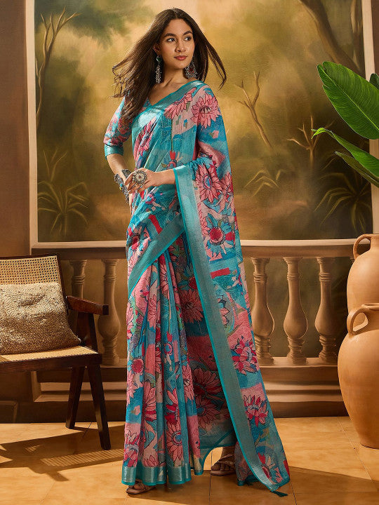 Sangria Floral Printed Zari Banarasi Saree