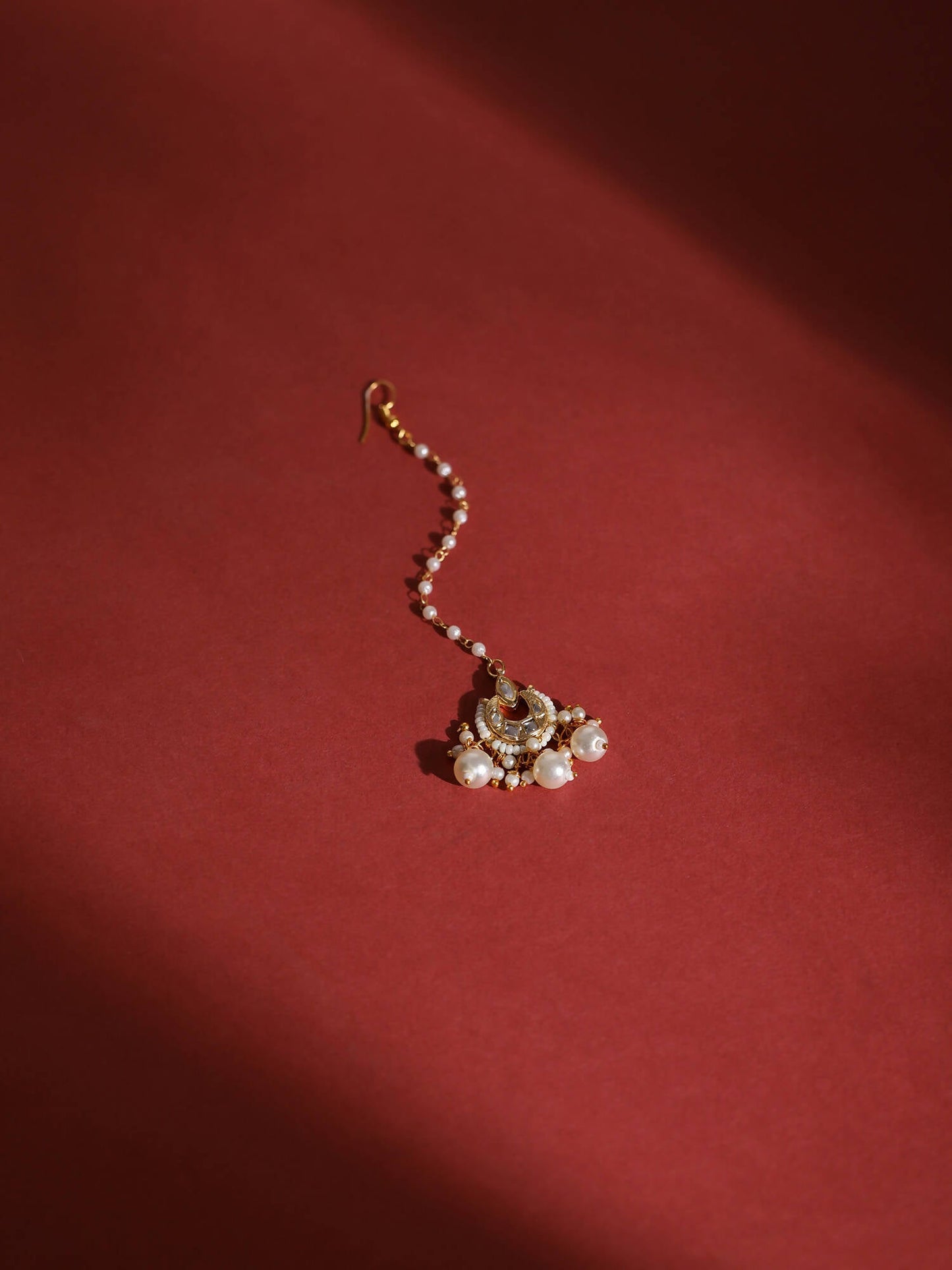 Gold-Polished White Kundan-Studded Beaded Layered Maang Tikka - Ruby Raang