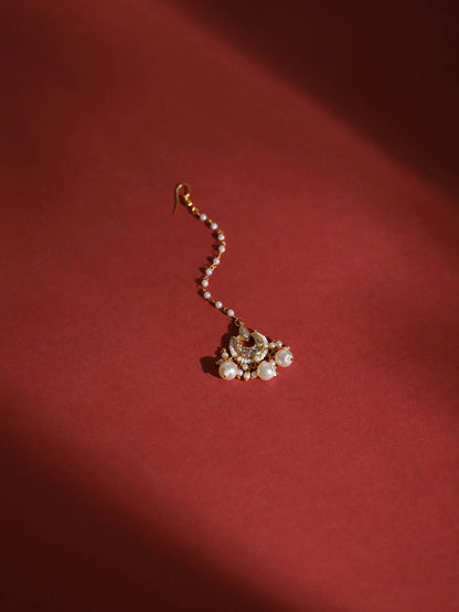 Gold-Polished White Kundan-Studded Beaded Layered Maang Tikka - Ruby Raang