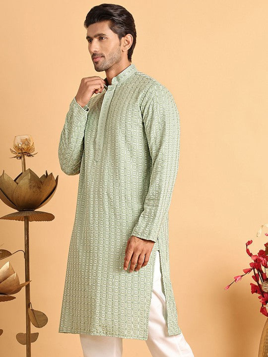 Anouk Men Geometric Embroidered Chikankari Kurta Green