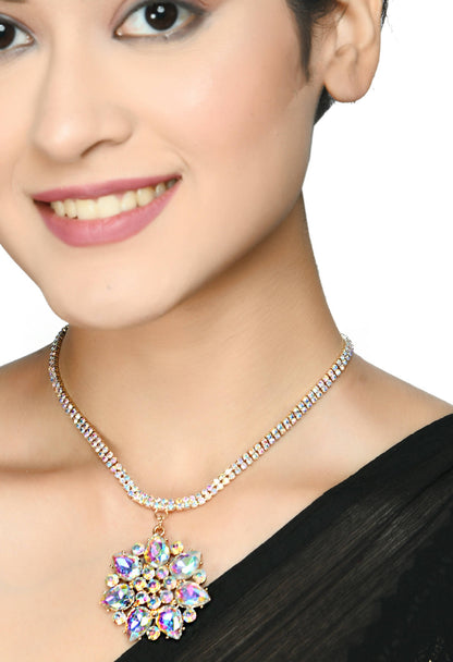 Mominos Fashion Johar Kamal Statement Gold-Polished Finish AD Stone Long Necklace For Women (White)