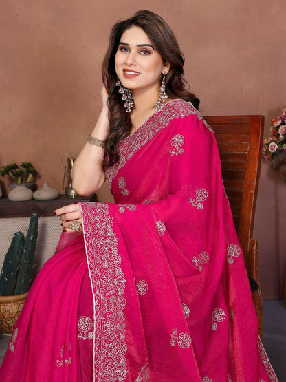 Teeya Creation New Trendy Party Wear Soft Satin Chiffon Saree-Pink