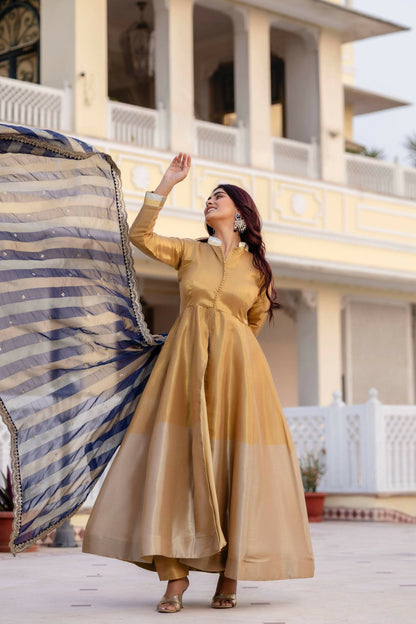 Teeya Creation Multi Color Pure Banarasi Viscose Wedding Wear Long Gown