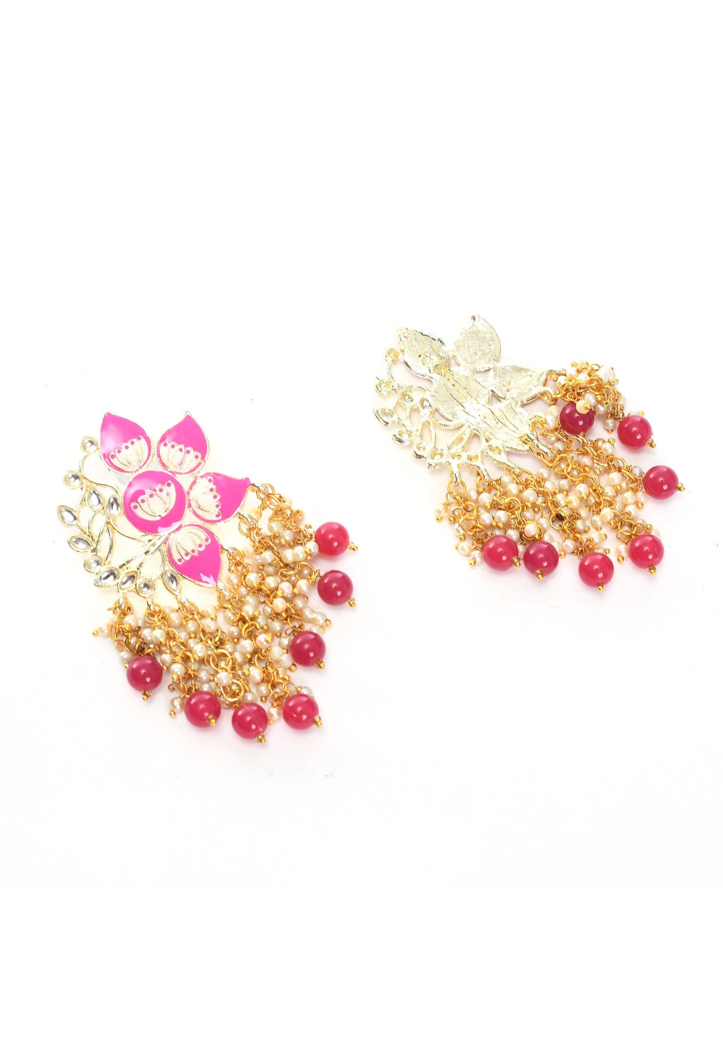 Mominos Fashion Johar Kamal Gold-Polished Kundan Pink Meenakari Earrings