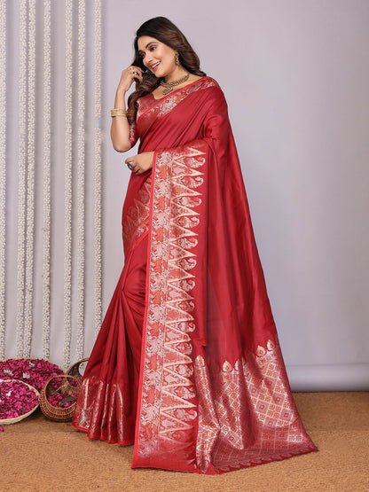 Joban Fashion Banarasi Red Jacquard WovenSoft Silk Saree