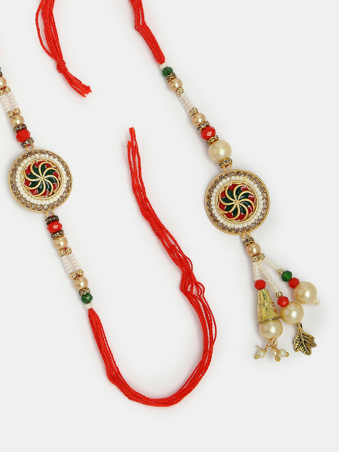NVR Women & Men Set of 2 Gold-Toned Stone-Studded & Beaded Bhaiya Bhabi Rakhi With Roli Chawal
