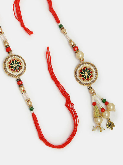 NVR Women & Men Set of 2 Gold-Toned Stone-Studded & Beaded Bhaiya Bhabi Rakhi With Roli Chawal