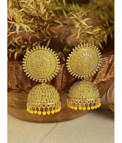 Mominos Fashion Joharkamal Gold-Polished Meenakari Jhumkas For Women & Girls (Yellow)
