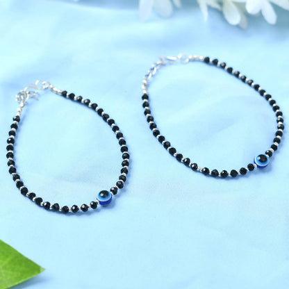 Mominos Fashion Kamal Johar Nazariya Silver With Black Crystals Anklets
