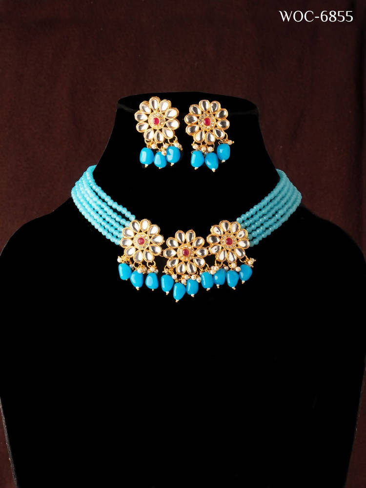 Mominos Fashion Johar Kamal Women's Sky Blue Beads Pearls Gold-Polished Jewellery Set