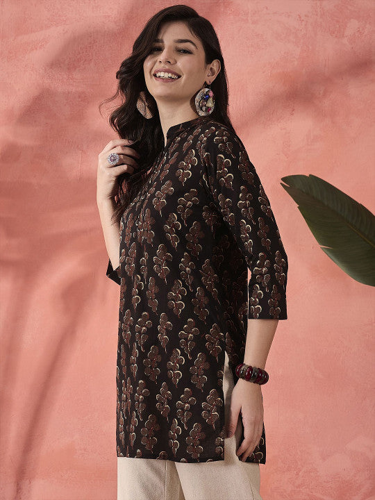 Sangria Women Printed Pure Cotton Mandarin Collar Top
